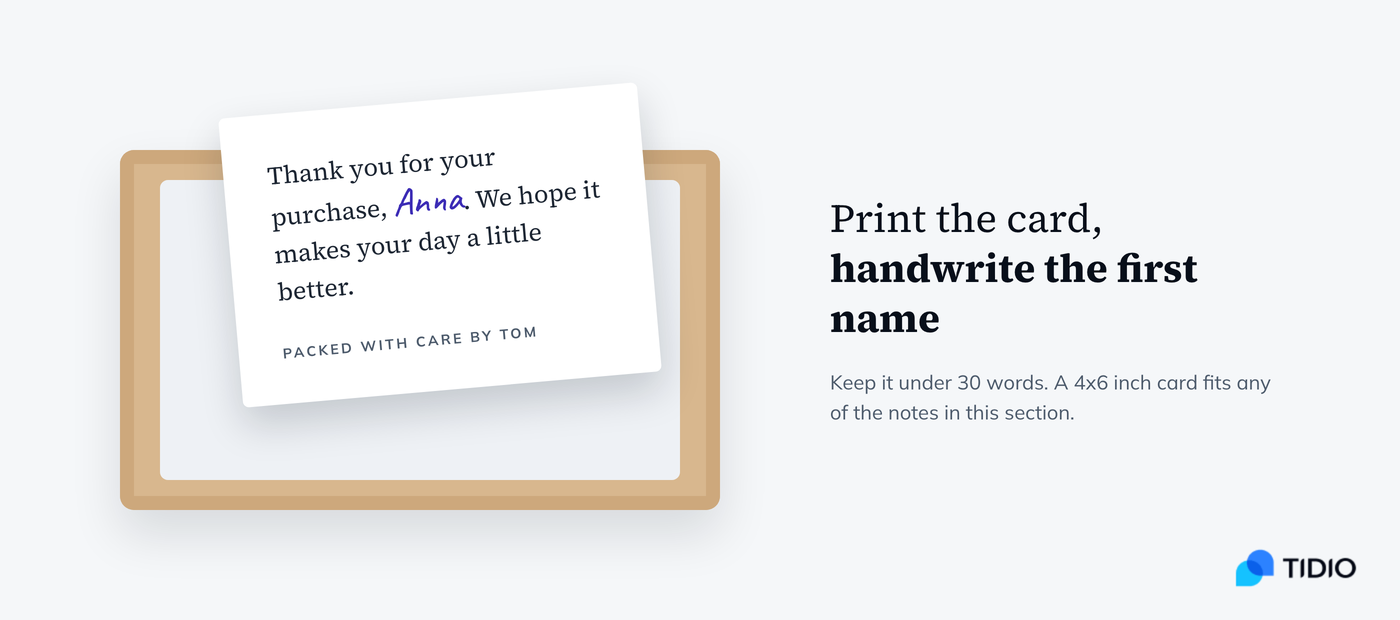 Printed thank you for your purchase card with the customer's first name handwritten
