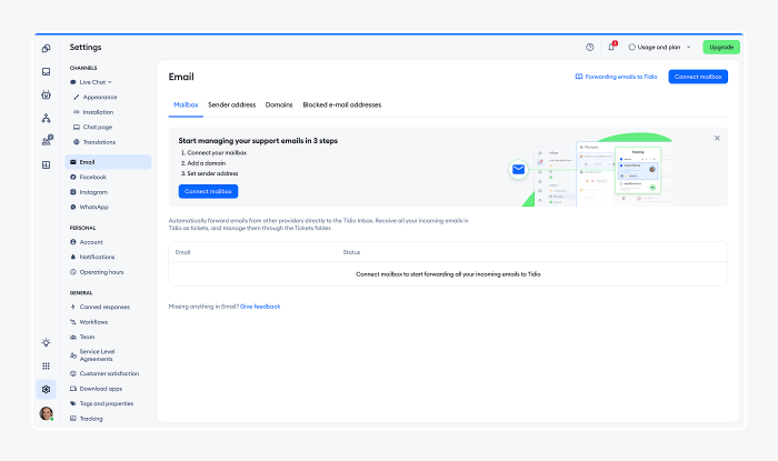 Tidio ticketing system example.
