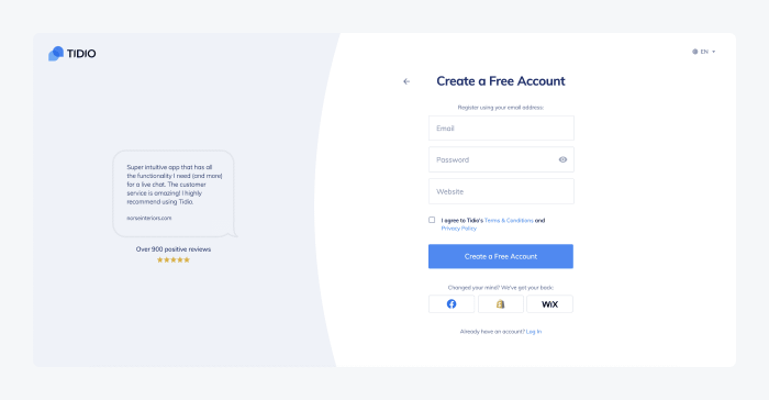 graphic shows how create a free account panel at Tidio looks like