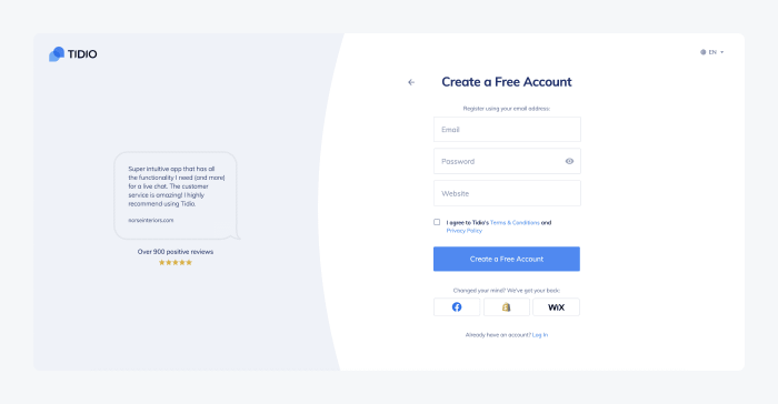 create a free account panel at Tidio graphic shows how create a free account panel at Tidio looks like