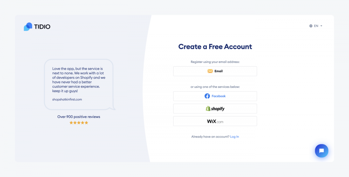 Pagina registro Tidio para Instagram chatbot Crear una página de cuenta gratuita en el sitio web de Tidio