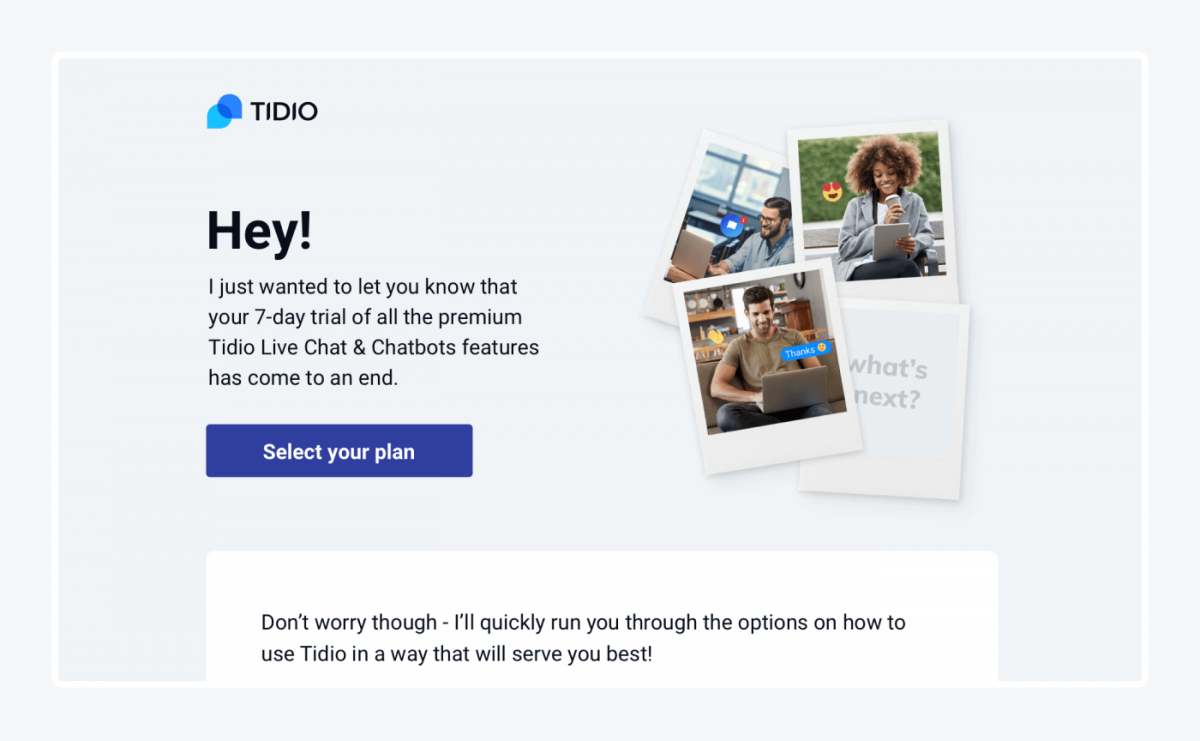 Tidio end of trial email for shopify