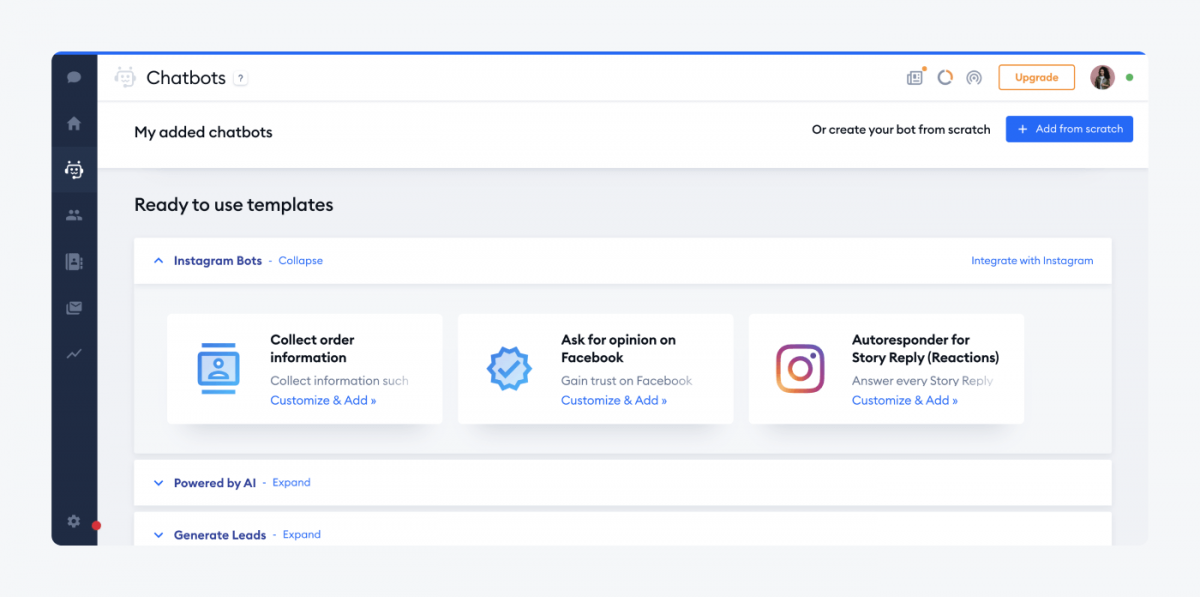 Editor de Instagram chatbot en Tidio Una vista de las plantillas de bots de instagram listas para usar en el panel Tidio