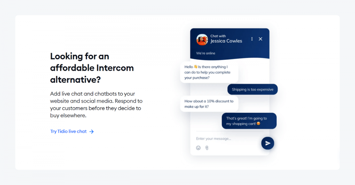 Tidio's intercom alternative landing page