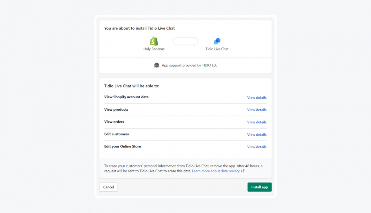 Tidio - Shopify integration settings