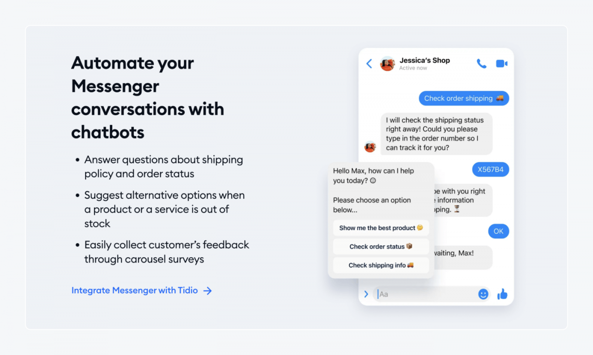 agregar messenger a tu sitio web Una infografía que muestra las ventajas de integrar Messenger con Tidio