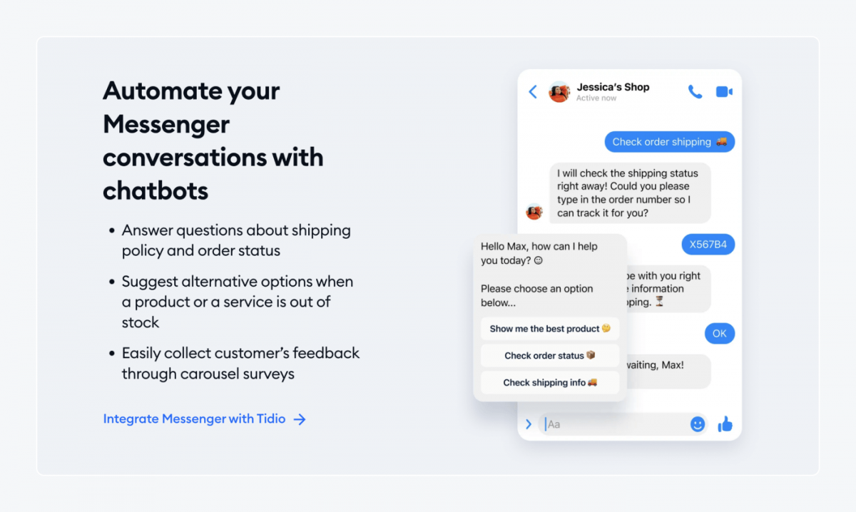An infographic showing benefits of integrating Messenger with Tidio