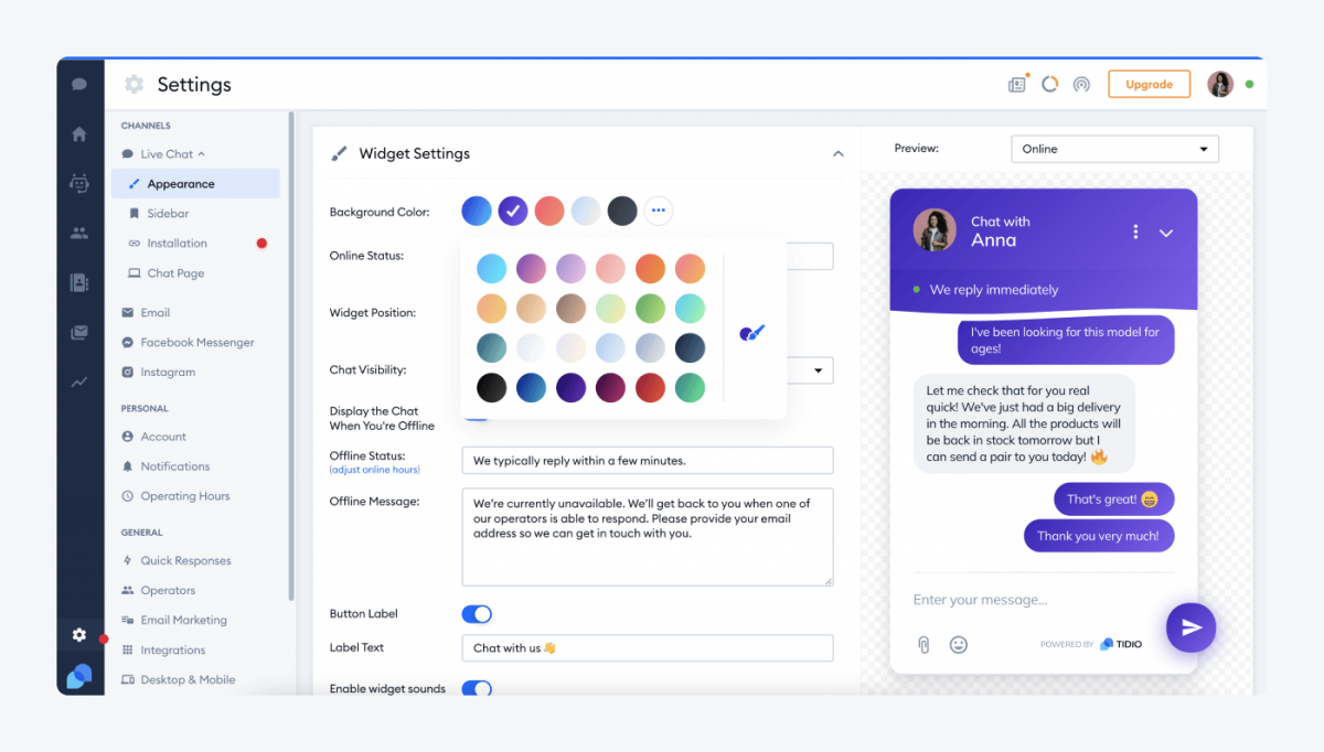 Customization settings in Tidio panel