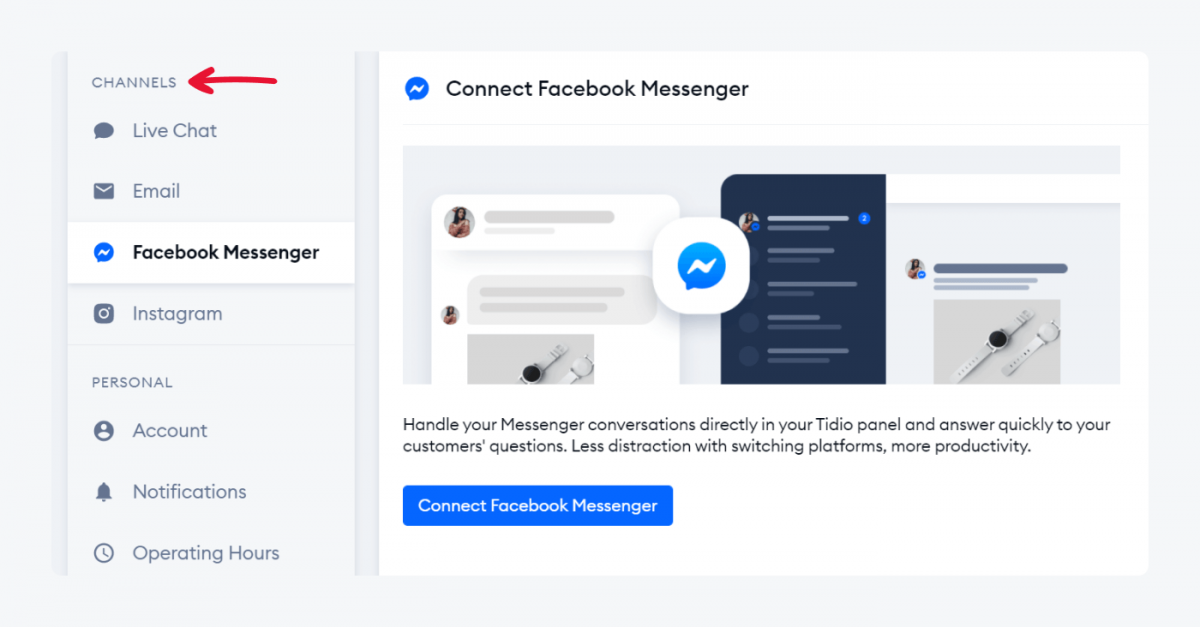 Channels settings with a Facebook Messenger tab open