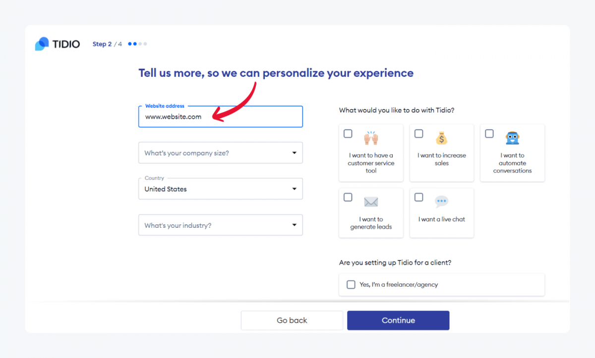 agregar messenger a tu sitio web Tidio setup step 2 con una flecha apuntando al campo Website address
