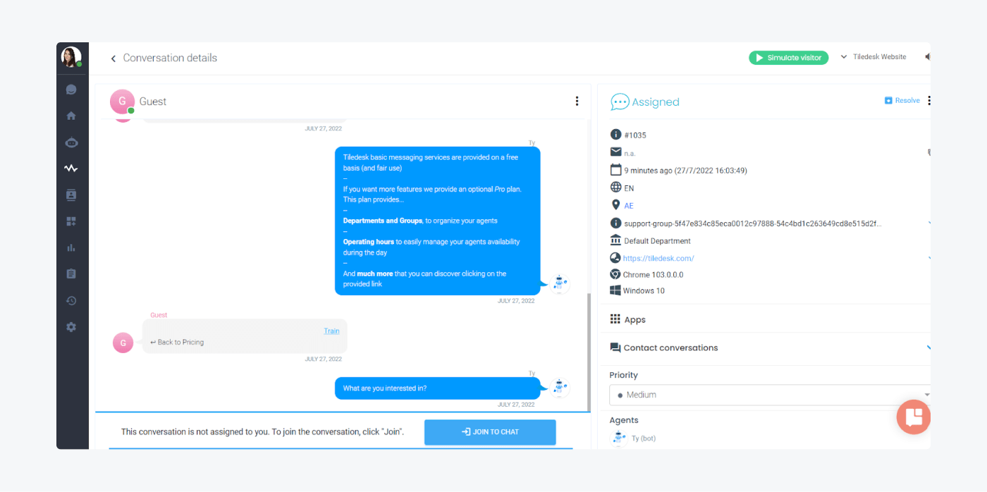 Tiledesk artificial intelligence customer service provider dashboard