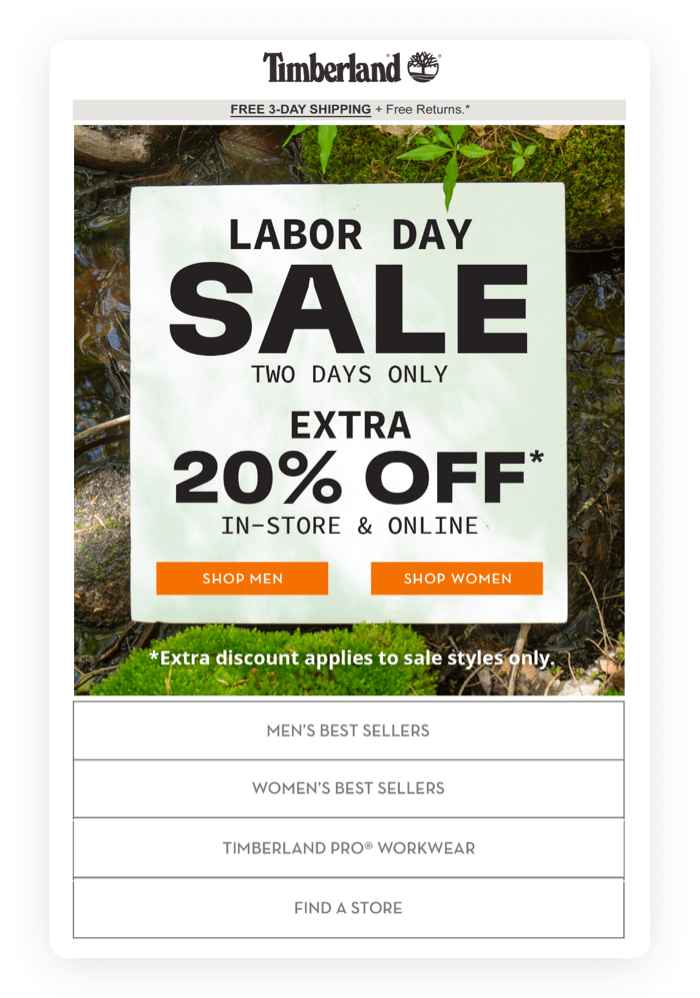 Email design example from Timberland