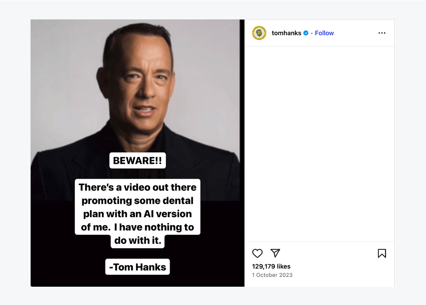 Tom Hanks' Instagram post