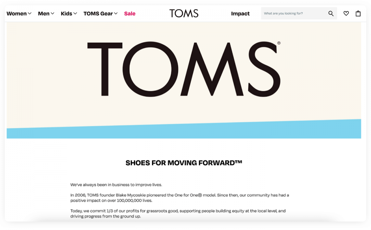 Example of product marketing from TOMS company