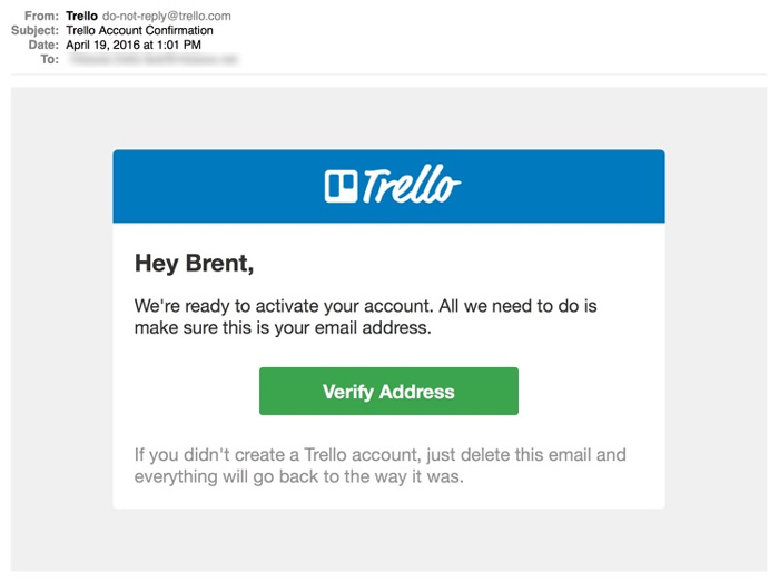 Customer onboarding email example from Trello