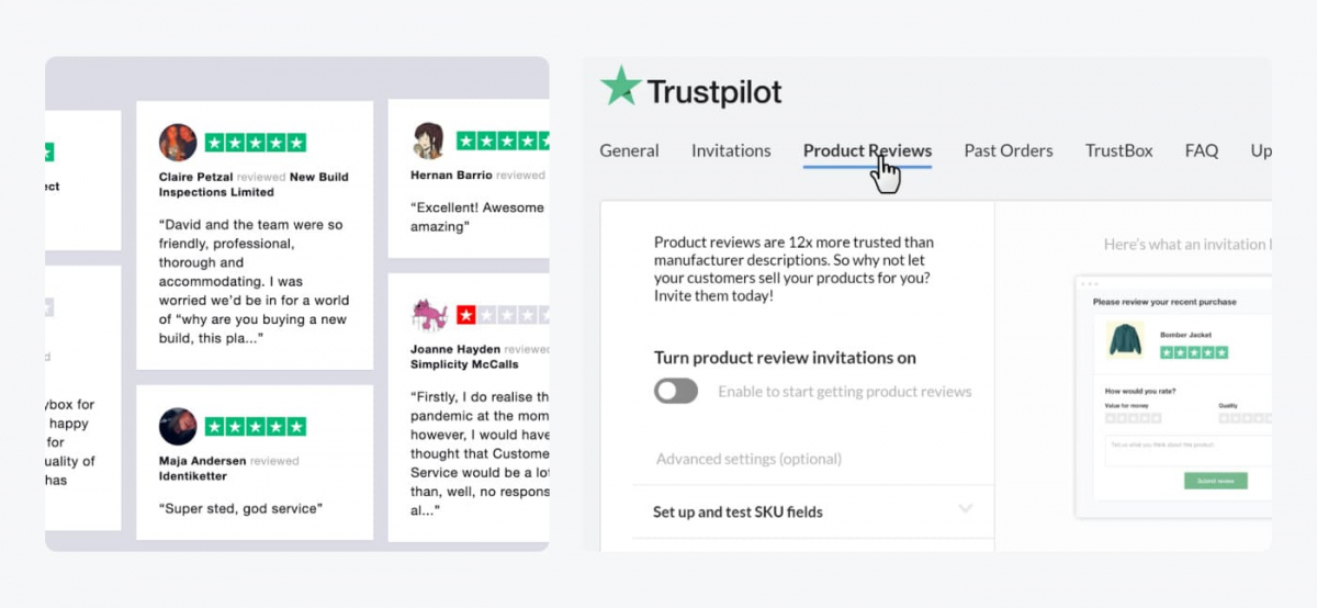 Trustpilot's Product Reviews tab open