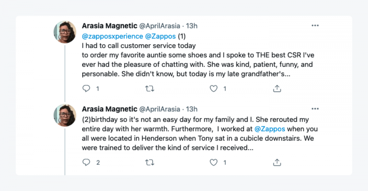 Twitter thread of a customer who is happy for the customer service she received from Zappos
