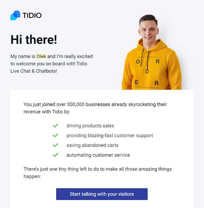 Customer onboarding email example from Tidio