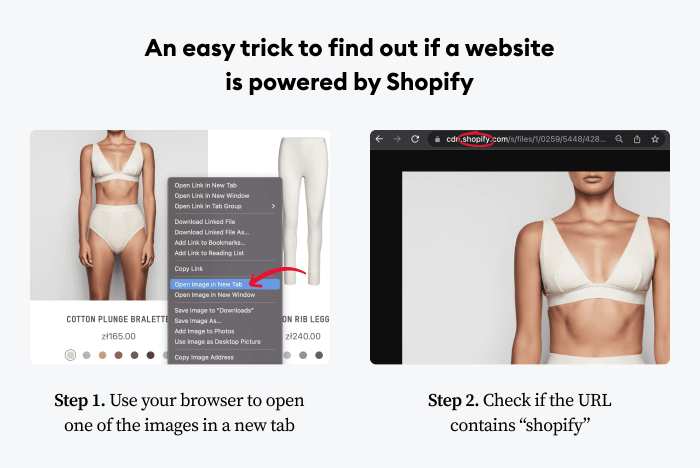 como saber si una tienda está hecha con shopify Infografía que muestra un truco en 2 pasos para averiguar si un sitio web está alimentado por Shopy