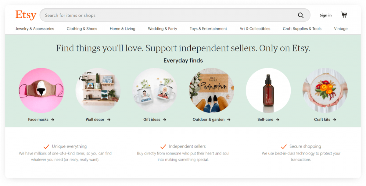 The homepage of Etsy