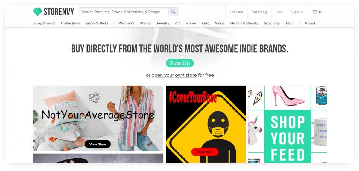 The homepage of Storenvy