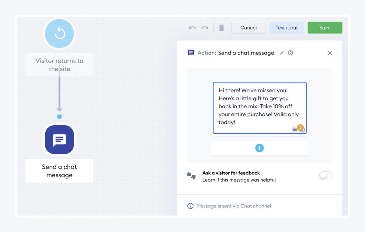 Chatbot message samples for a "welcome back" message in Tidio panel