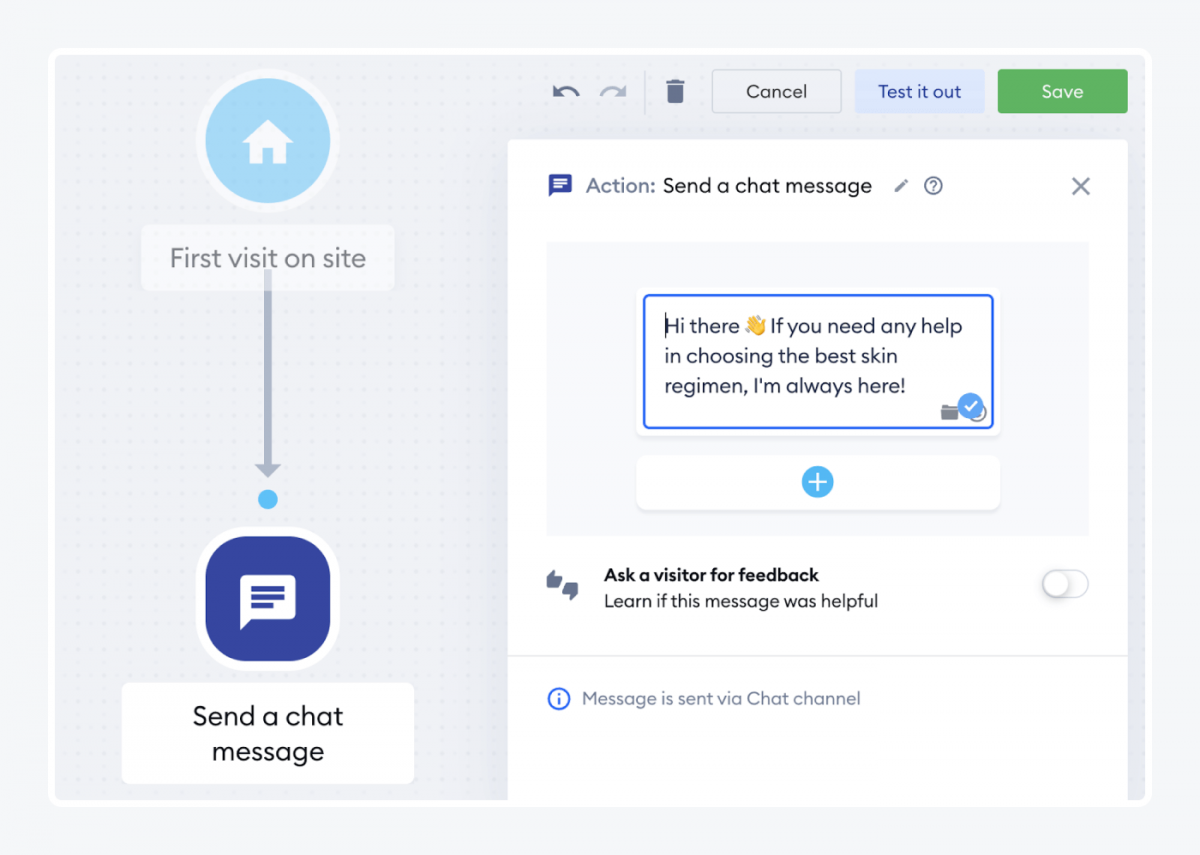 Chatbot message samples for a welcome message in Tidio panel