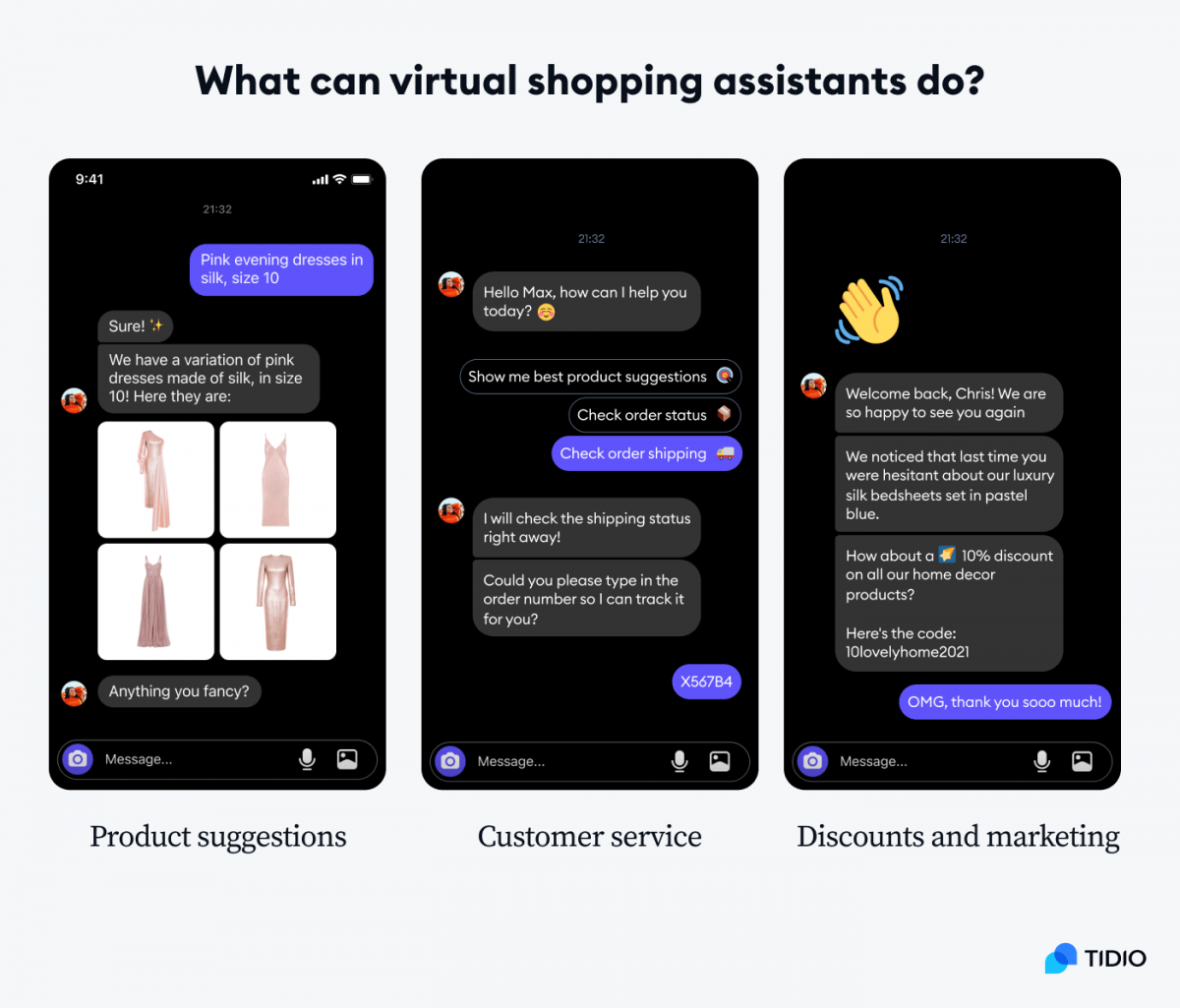 Infographic presenting 3 things that virtual shopping assistants can do: product suggestions, customer service, discounts and marketing