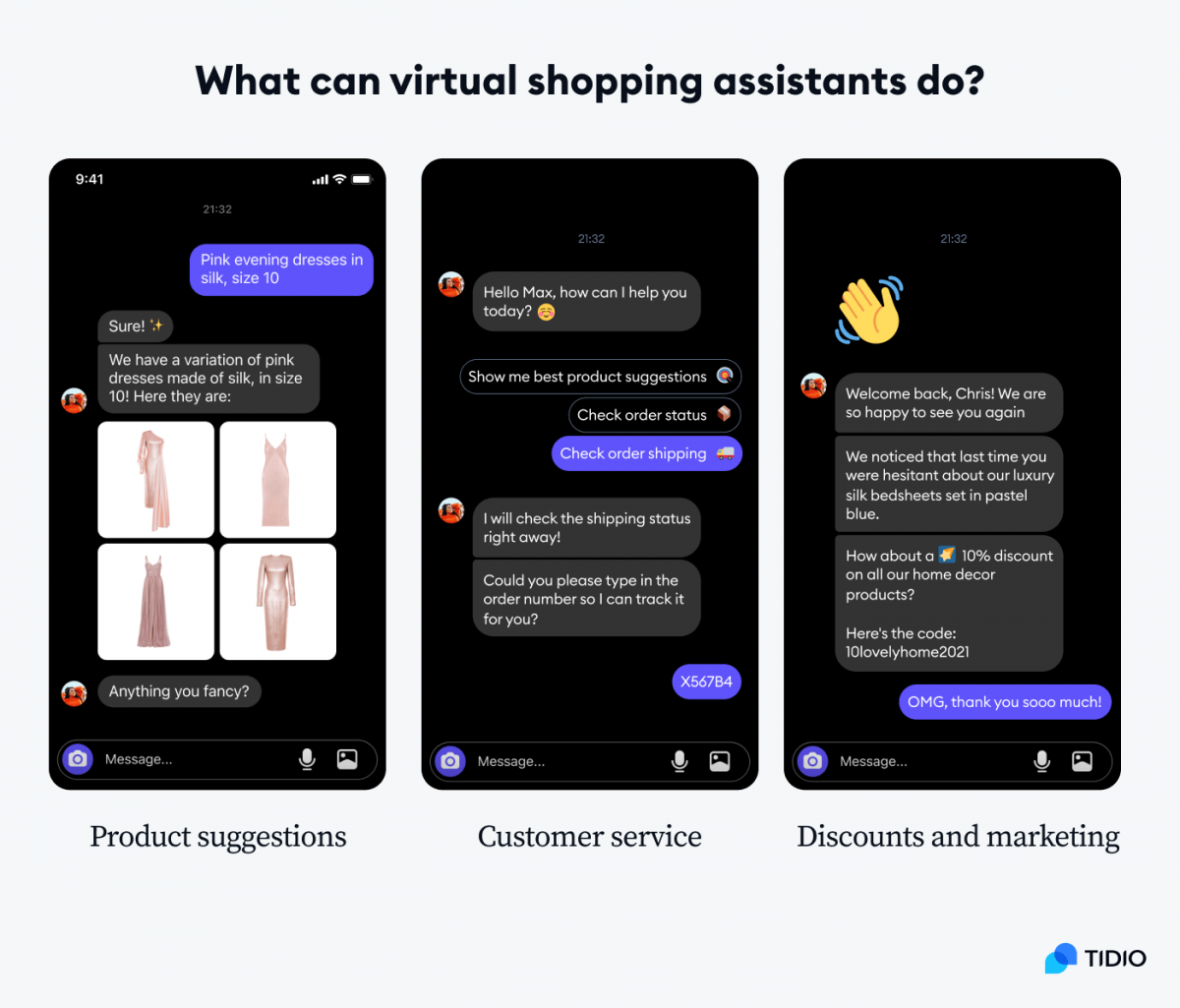 What can virtual shopping assistants do? Infographic presenting 3 things that virtual shopping assistants can do: product suggestions, customer service, discounts and marketing