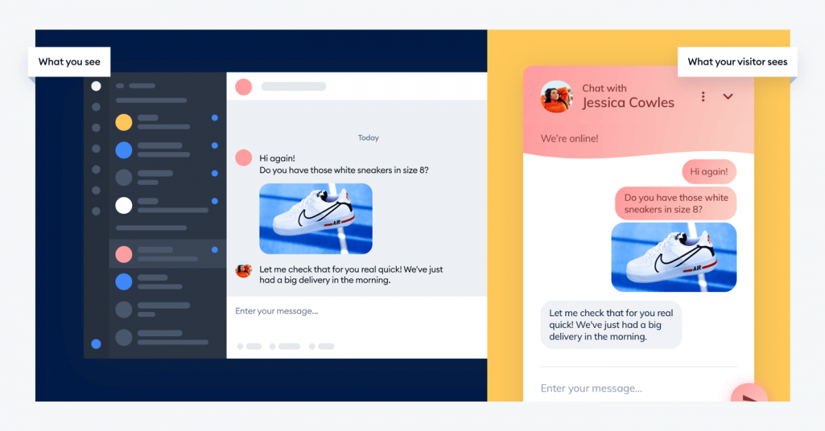 What you see and what your visitor sees comparison infographic of Tidio panel and widget
