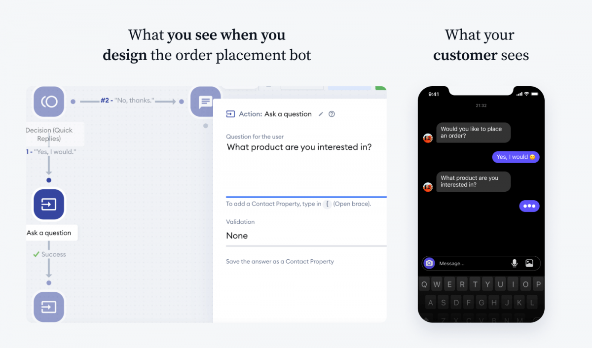 Order placement chatbot settings - what you see and what your customer sees comparison