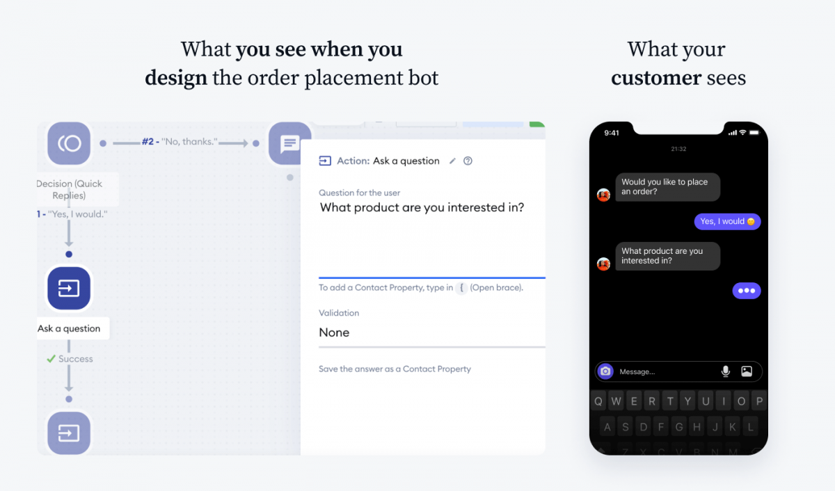 Instagram chatbot para gestionar pedidos Configuración del chatbot para la realización de pedidos: comparación entre lo que usted ve y lo que ve su cliente