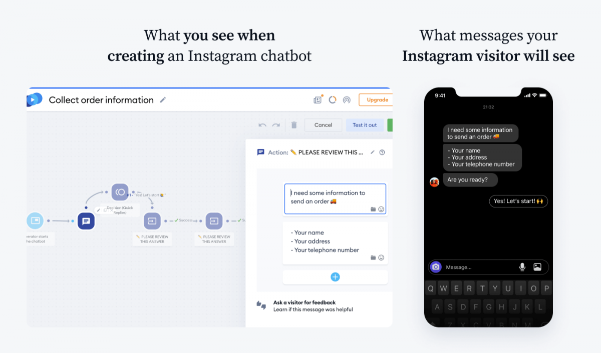 What you see vs what your Instagram visitor will see comparison for Instagram chatbot