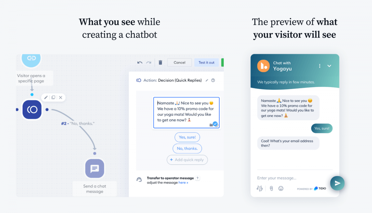 Visualization of how a visitor will see a chatbot you can create in Tidio panel