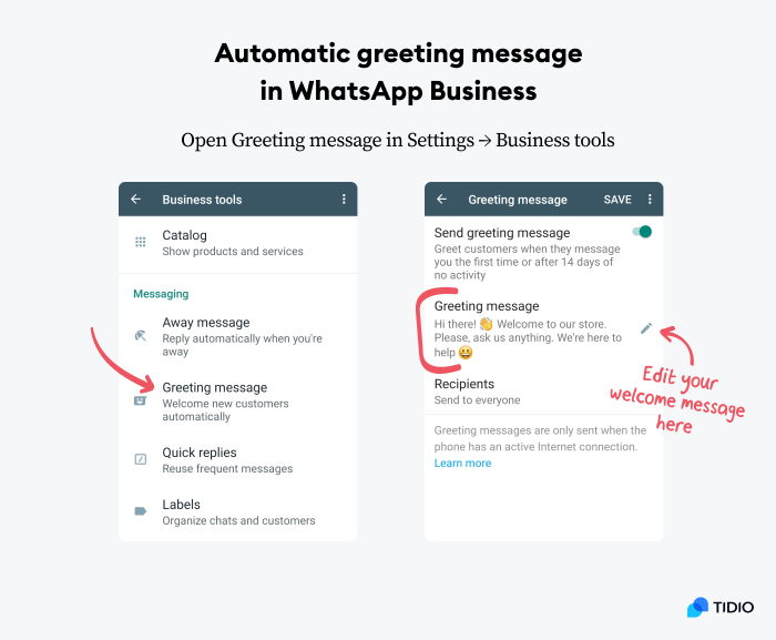 A mobile view of automatic greeting message settings in WhatsApp Business App