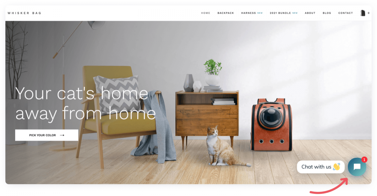 Whisker Bag homepage with a live chat button on the right