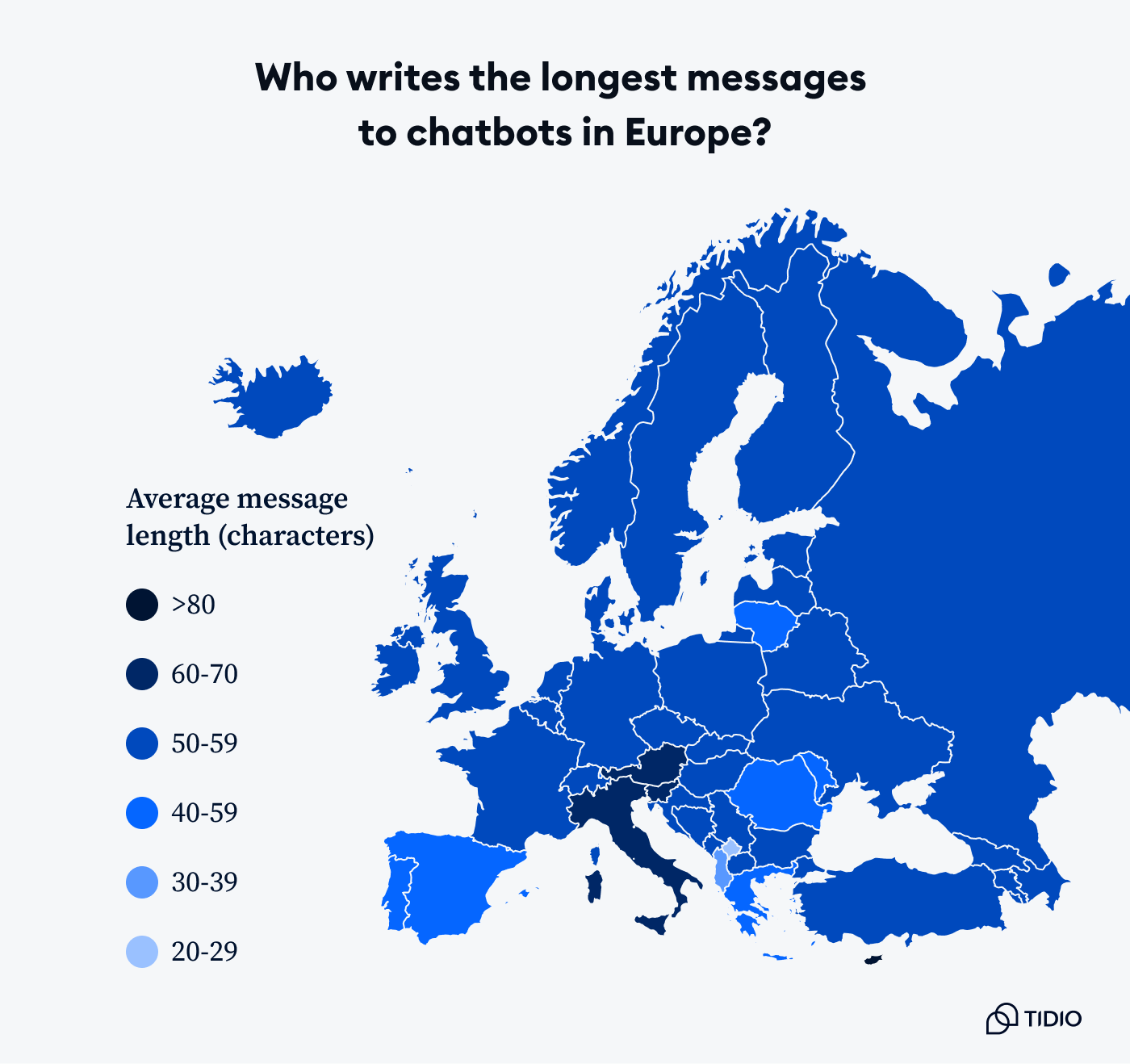 Color-coded map of European countries' messages to chatbots length