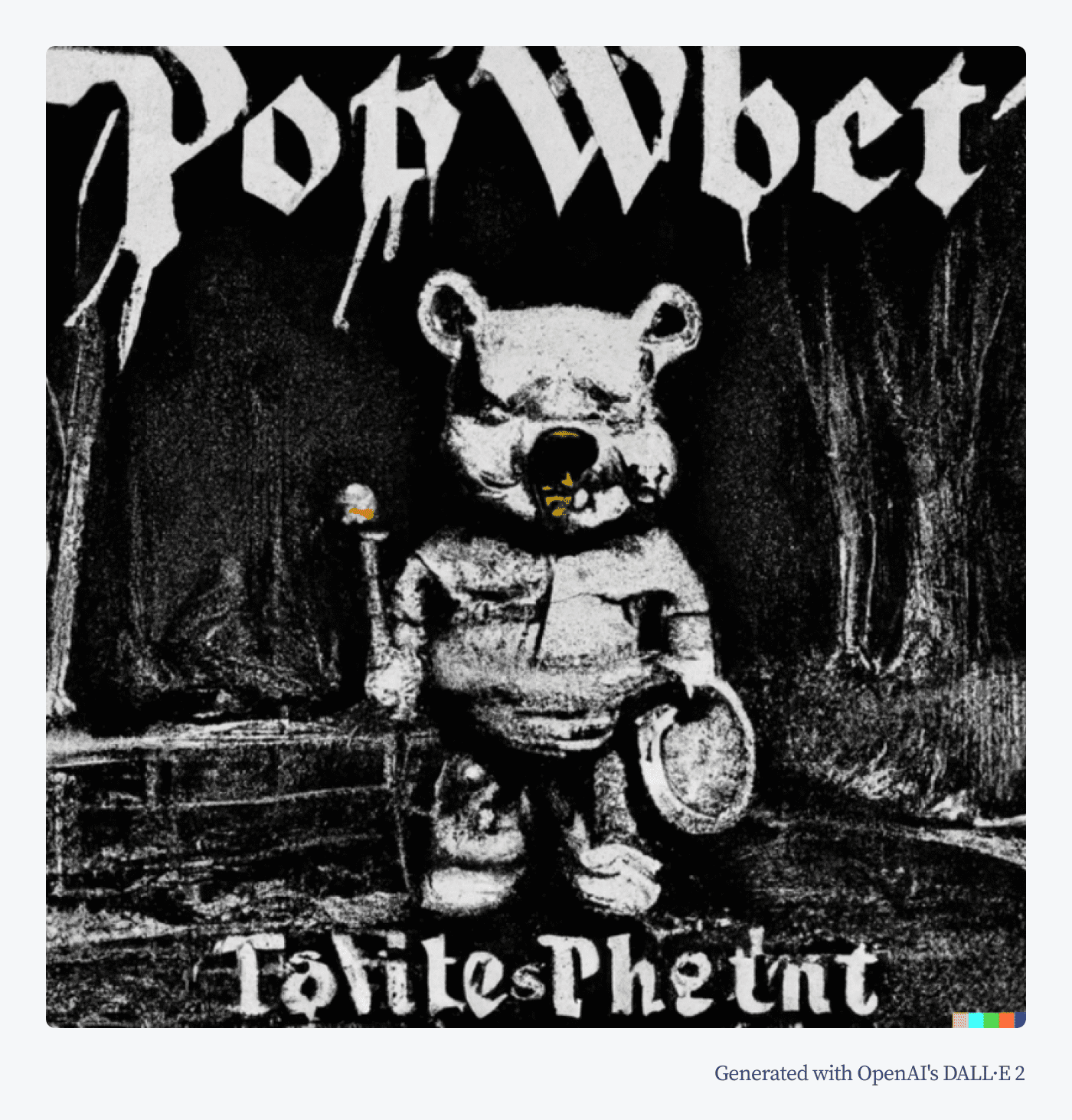 Winnie the Pooh in the style of a black metal album cover artwork