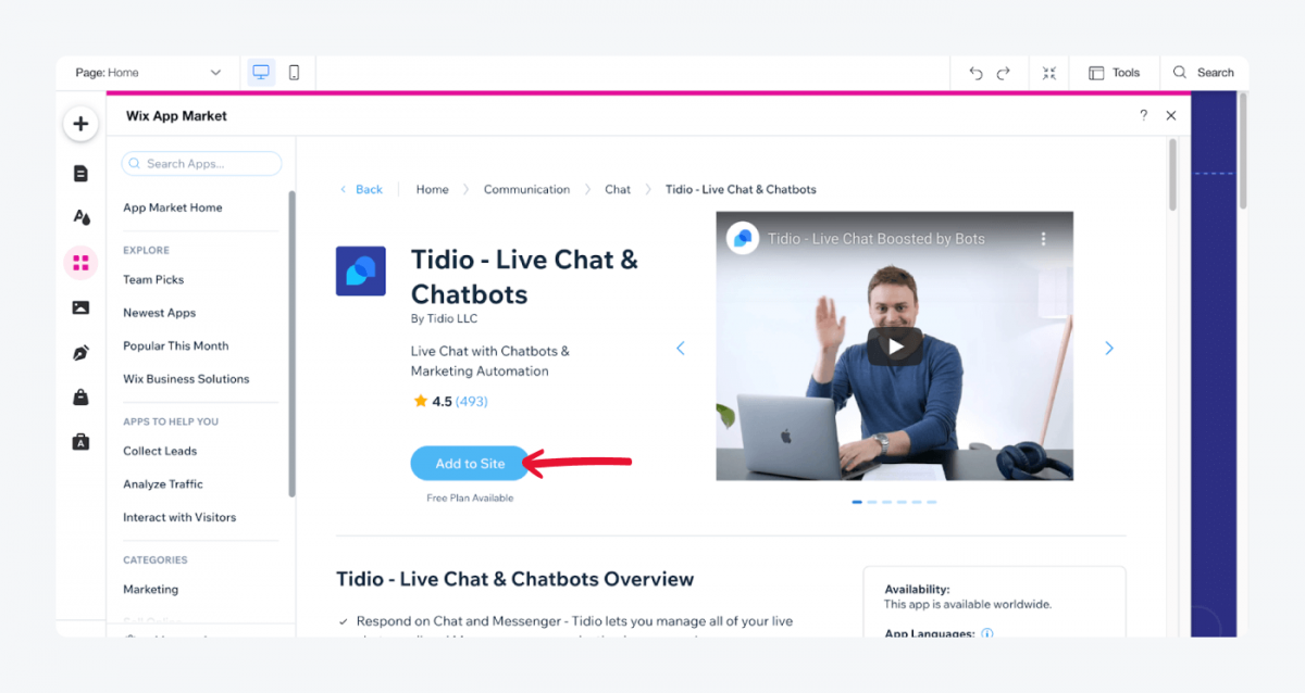 Wix App Market with Tidio plugin