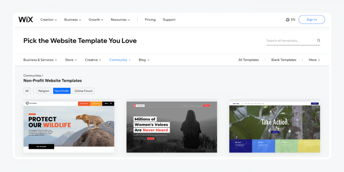 Non-profit website templates on Wix's page