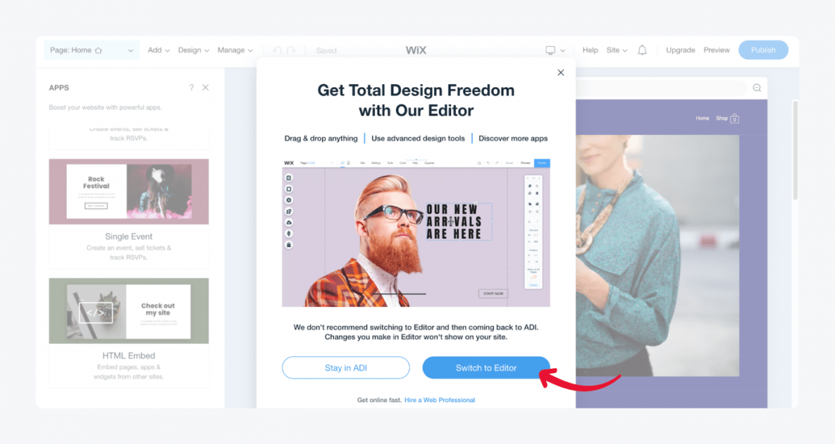 Switch Editor in Wix dashboard
