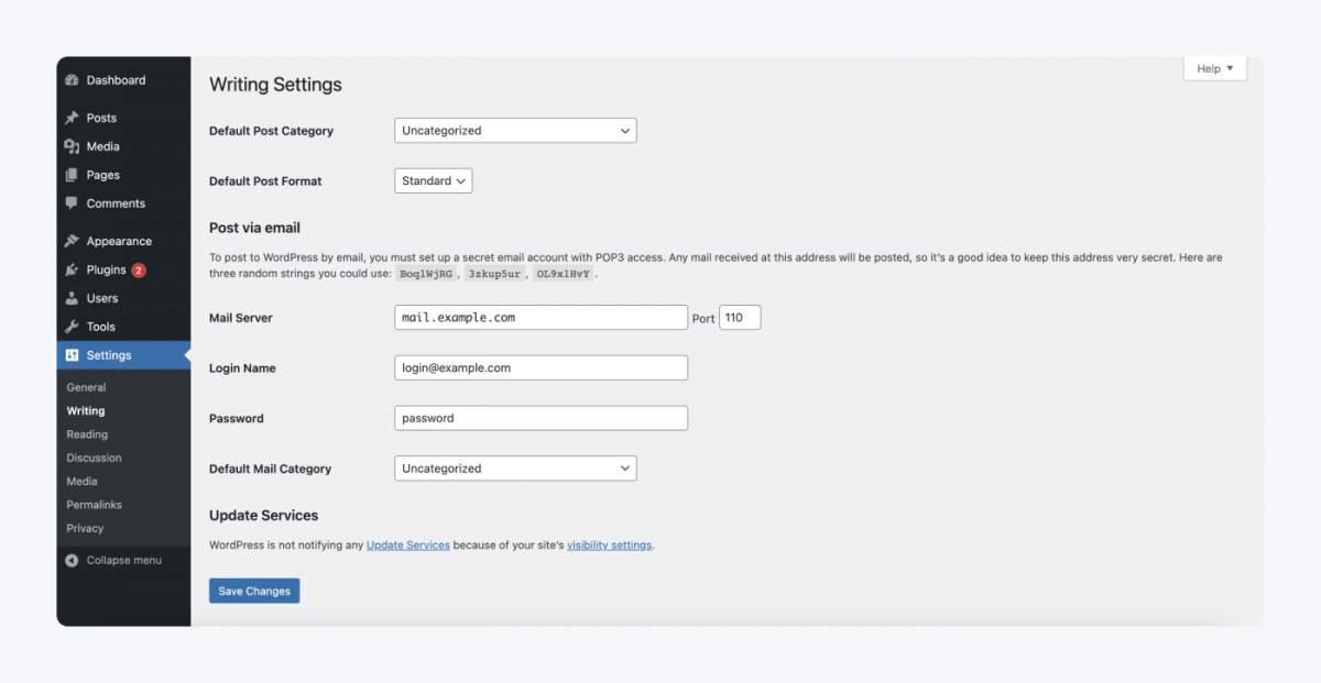 Writing settings in WordPress