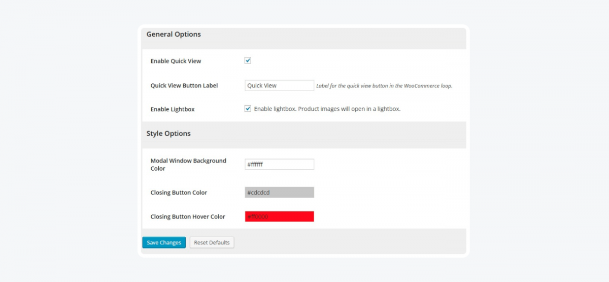 Panel previews of YITH WooCommerce Quick View