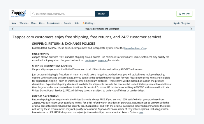 image shows zappos' return policy document