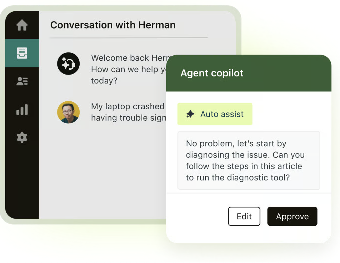 Zendesk illustration of the agent copilot panel suggesting a reply with Edit and Approve buttons