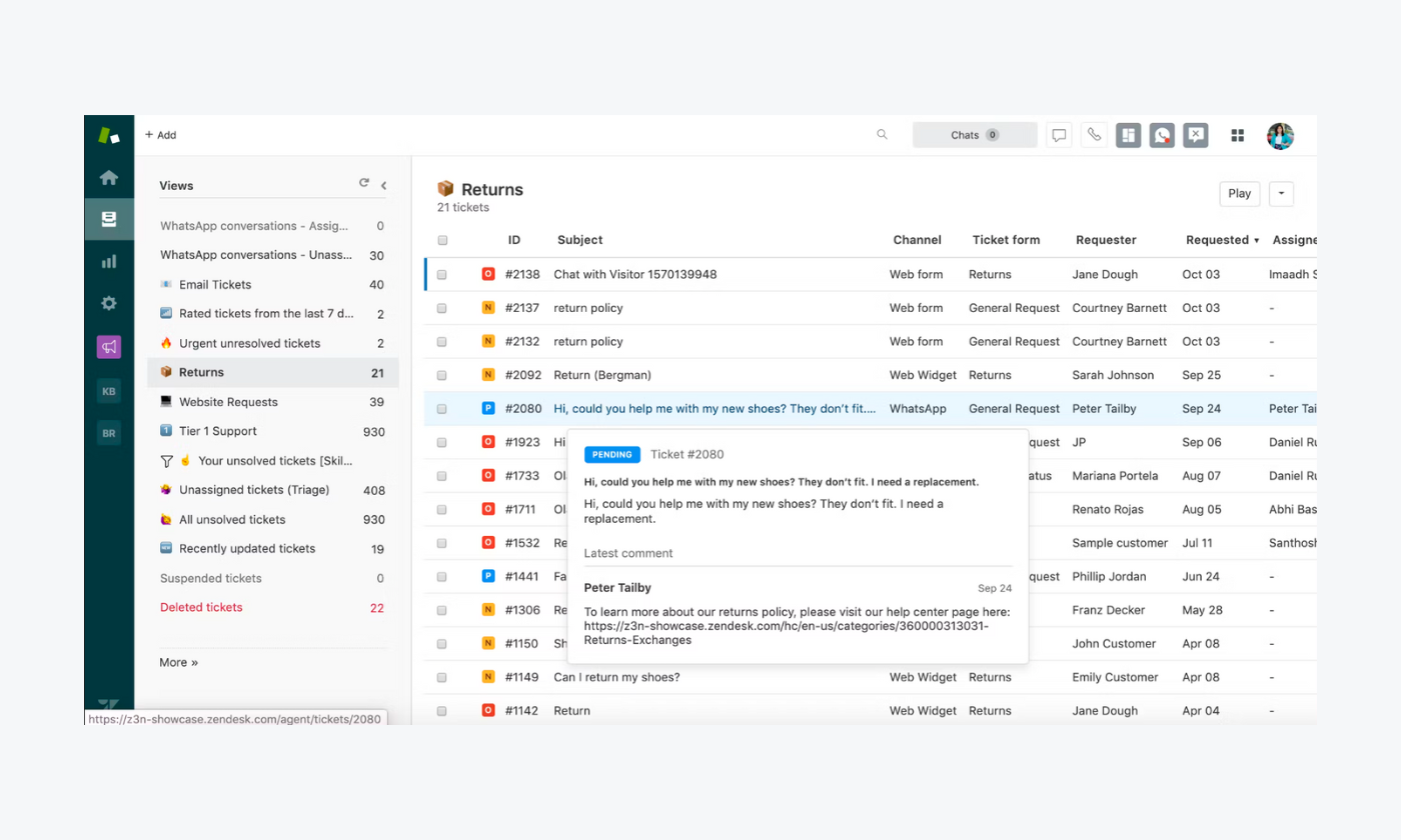 Zendesk interface example