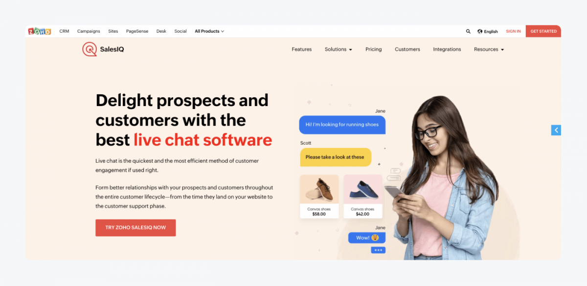 Zoho SalesIQ's homepage