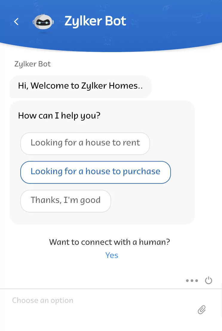 Zoho SalesIQ chat widget with a bot greeting and quick replies
