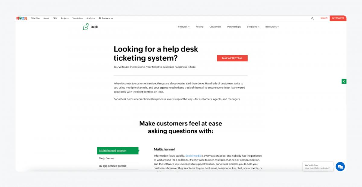 Zoho Desk ticketing system homepage